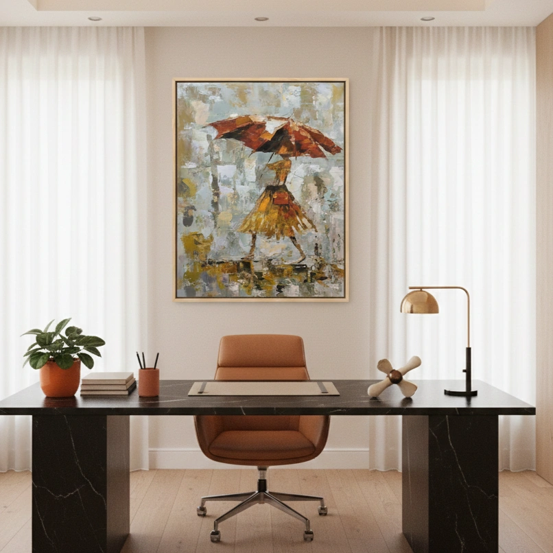 Ochre Rainy Day impressionist figure under umbrella color art(1.5) Gestural figurative hand-painted canvas depicting woman with red umbrella in golden dress, textured abstract background in muted greys and ochres, contemporary office setting
