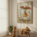 Gestural figurative hand-painted canvas depicting woman with rust-red umbrella in mustard dress, layered earth-tone palette, contemporary interior