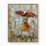 Gestural figurative hand-painted canvas depicting woman with red umbrella in yellow dress, layered neutral and warm earth tones