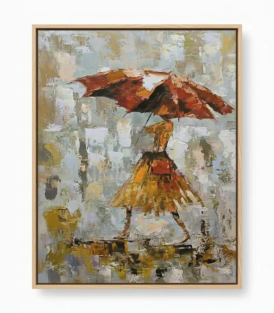 Gestural figurative hand-painted canvas depicting woman with red umbrella in yellow dress, layered neutral and warm earth tones