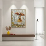 Textured contemporary figurative painting of girl with red umbrella in ochre and cream tones, modern entryway
