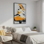 Contemporary abstract hand-painted canvas with bold gestural strokes in ochre, black and cream, modern bedroom