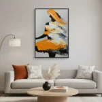 Contemporary gestural painting with bold orange and charcoal brushstrokes depicting an abstract figure, hand-painted canvas in modern living space