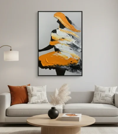 Contemporary gestural painting with bold orange and charcoal brushstrokes depicting an abstract figure, hand-painted canvas in modern living space