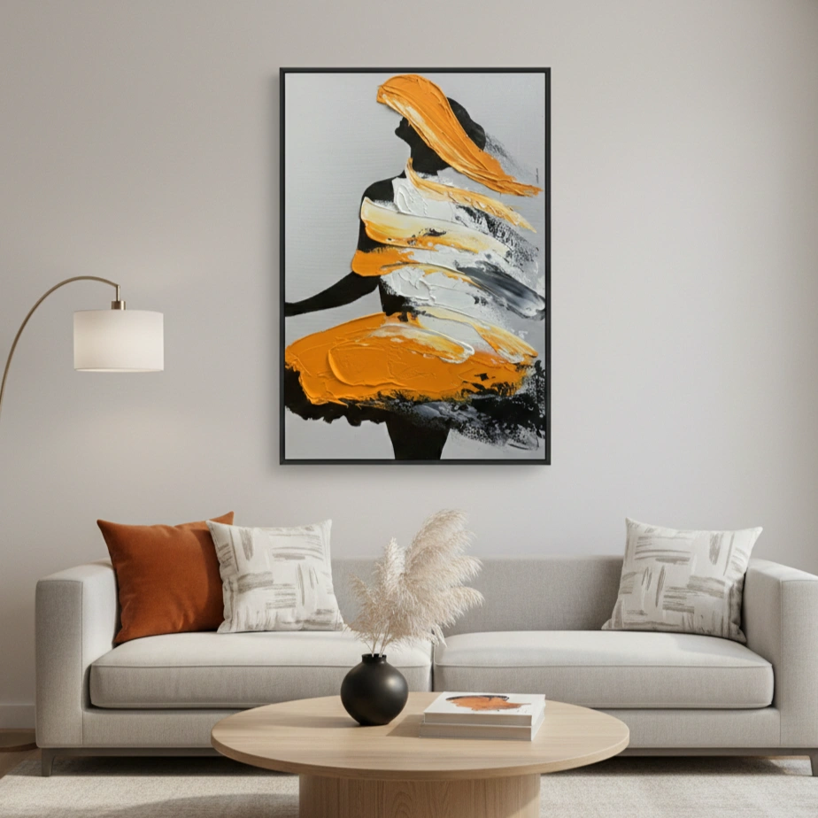 Ochre Silhouette Impasto yellow abstract form abstract wall decor (1.5) Contemporary gestural painting with bold orange and charcoal brushstrokes depicting an abstract figure, hand-painted canvas in modern living space