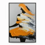 Gestural abstract hand-painted canvas with bold orange and cream brushstrokes layered over black silhouette forms, contemporary aesthetic