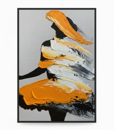 Gestural abstract hand-painted canvas with bold orange and cream brushstrokes layered over black silhouette forms, contemporary aesthetic