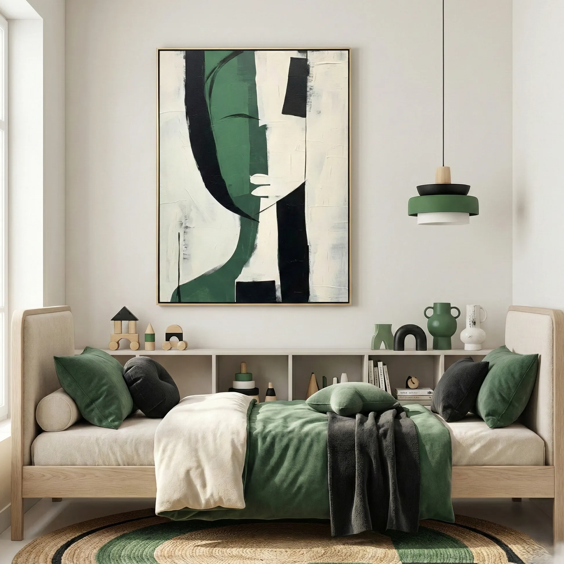 Olive Silhouette Bold Block Color Deconstructed Face Canvas Abstract Wall art (1.5) Contemporary abstract hand-painted canvas featuring geometric face in forest green, black, and cream tones, modern bedroom