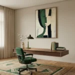 Minimalist figurative hand-painted canvas in deep green, cream, and black tones, contemporary workspace