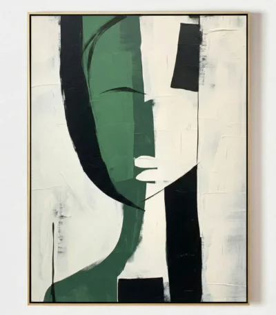 Abstract hand-painted canvas with gestural green and black forms on cream, contemporary living space