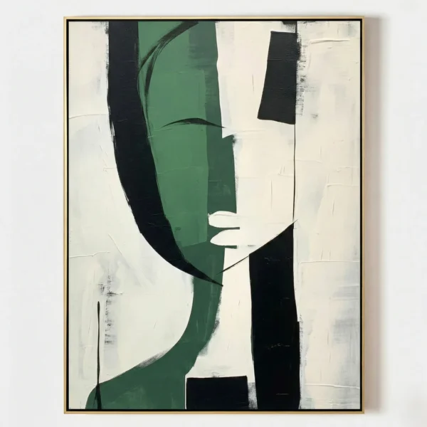 Abstract hand-painted canvas with gestural green and black forms on cream, contemporary living space