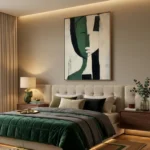 Contemporary abstract hand-painted canvas with gestural green and black forms on cream, modern bedroom
