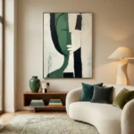 Contemporary abstract hand-painted canvas with bold green and black gestural forms, cream ground, modern living space