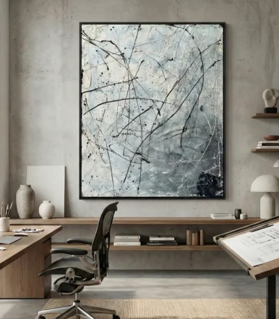 Abstract expressionist hand-painted canvas with gestural black lines and spattered details in monochrome grays, contemporary office space