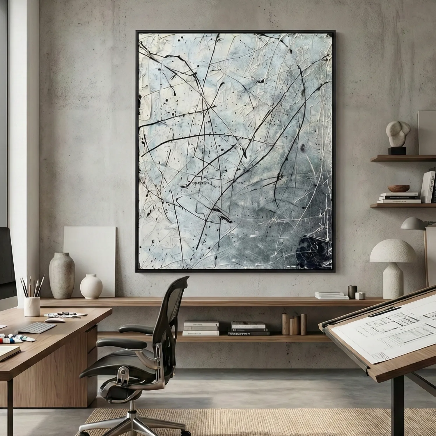 Onyx & Ice Textured abstract lines art pollock wall art (2) Abstract expressionist hand-painted canvas with gestural black lines and spattered details in monochrome grays, contemporary office space