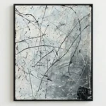 Gestural abstract expressionist hand-painted canvas with dynamic black lines and scattered marks in monochrome and grey tones