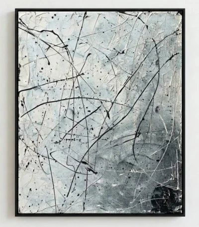Gestural abstract expressionist hand-painted canvas with dynamic black lines and scattered marks in monochrome and grey tones