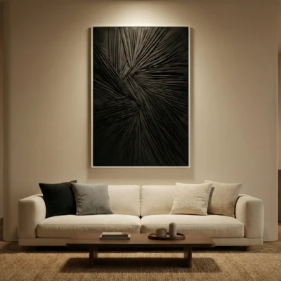 Monochromatic abstract hand-painted canvas with dynamic radiating linear strokes in black and charcoal, contemporary living space