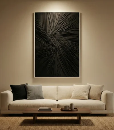 Monochromatic abstract hand-painted canvas with dynamic radiating linear strokes in black and charcoal, contemporary living space