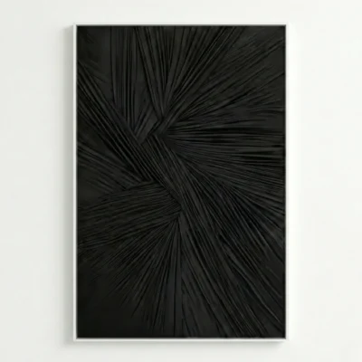 Textured abstract hand-painted canvas with radiating black brushstrokes creating dynamic movement and depth, monochromatic palette