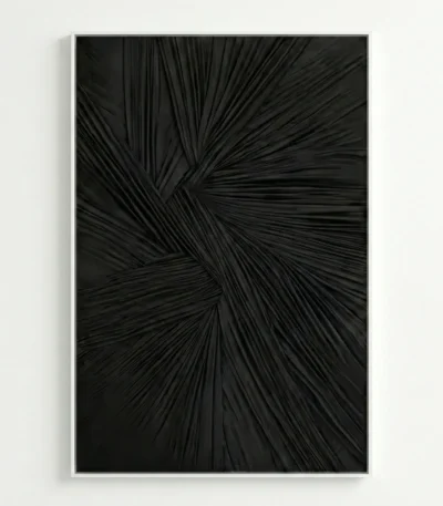 Textured abstract hand-painted canvas with radiating black brushstrokes creating dynamic movement and depth, monochromatic palette