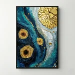 Textured abstract hand-painted canvas with layered teal, gold, and cream organic forms, contemporary wall art