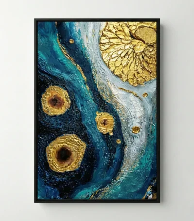Textured abstract hand-painted canvas with layered teal, gold, and cream organic forms, contemporary wall art