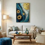 Textured abstract hand-painted canvas with swirling teal and gold leaf details, contemporary living space