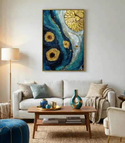 Textured abstract hand-painted canvas with swirling teal and gold leaf details, contemporary living space