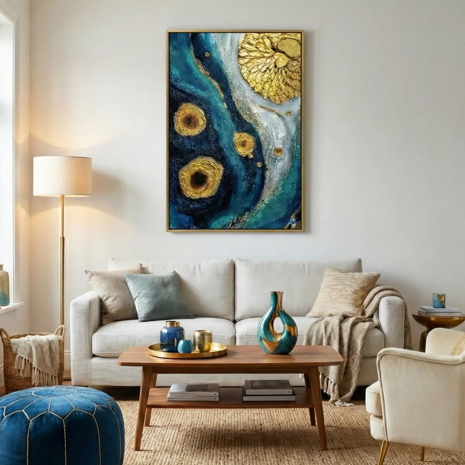 Opulent Sapphire Flow Thick impasto with metallic accents abstract art wall decor (2) Textured abstract hand-painted canvas with swirling teal and gold leaf details, contemporary living space