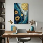 Textured abstract hand-painted canvas with swirling gold and deep teal brushstrokes, contemporary office space