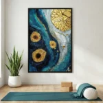 Textured abstract hand-painted canvas featuring gold leaf circular motifs on deep teal and navy swirling layers, yoga studio setting