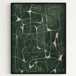 Minimalist hand-painted canvas with organic flowing pathways in cream and sage green tones, contemporary aesthetic