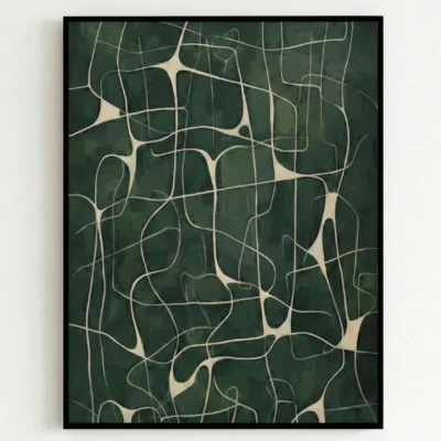 Minimalist hand-painted canvas with organic flowing pathways in cream and sage green tones, contemporary aesthetic