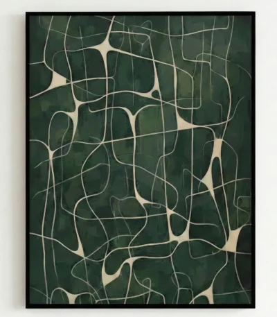 Minimalist hand-painted canvas with organic flowing pathways in cream and sage green tones, contemporary aesthetic