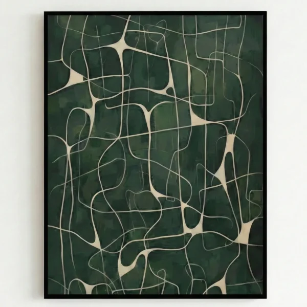 Minimalist hand-painted canvas with organic flowing pathways in cream and sage green tones, contemporary aesthetic