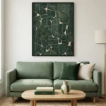 Gestural abstract hand-painted canvas in deep forest green and cream with organic flowing lines, contemporary living space