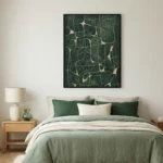 Abstract hand-painted canvas with organic curved lines in cream and sage green tones, modern bedroom