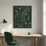 Abstract hand-painted canvas with organic flowing lines in cream and sage green tones, contemporary workspace