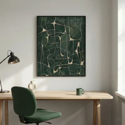 Abstract hand-painted canvas with organic flowing lines in cream and sage green tones, contemporary workspace