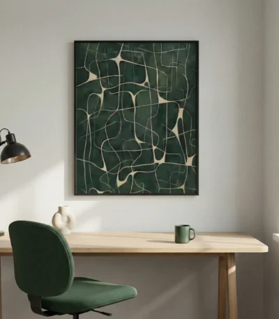 Abstract hand-painted canvas with organic flowing lines in cream and sage green tones, contemporary workspace
