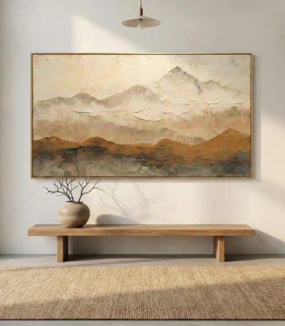 Textured landscape hand-painted canvas depicting misty mountains in cream, ochre and sage tones, contemporary entryway