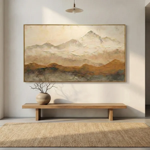 Textured landscape hand-painted canvas depicting misty mountains in cream, ochre and sage tones, contemporary entryway