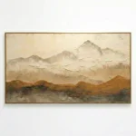 Minimalist landscape painting depicting misty snow-capped mountains and earthy terrain in muted cream and ochre tones, hand-painted canvas