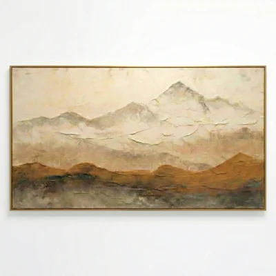 Minimalist landscape painting depicting misty snow-capped mountains and earthy terrain in muted cream and ochre tones, hand-painted canvas