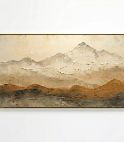 Minimalist landscape painting depicting misty snow-capped mountains and earthy terrain in muted cream and ochre tones, hand-painted canvas