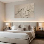 Minimalist hand-painted canvas depicting delicate flowering branches in soft cream and sage tones, modern bedroom
