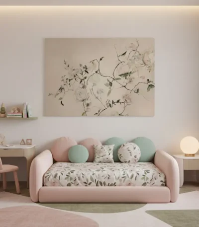 Minimalist hand-painted canvas depicting delicate botanical branches with soft green and neutral tones, modern bedroom setting
