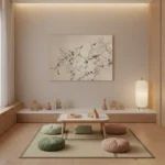 Minimalist hand-painted canvas depicting delicate botanical branches in muted greens and neutrals, styled in a contemporary meditation space