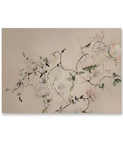Contemporary hand-painted canvas featuring delicate pale roses and trailing vines in soft blush and sage tones